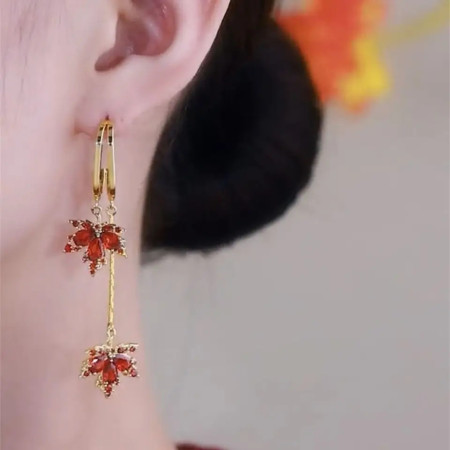 Red Maple Leaf Earrings Long Tassel Linear Earrings For Women Girls